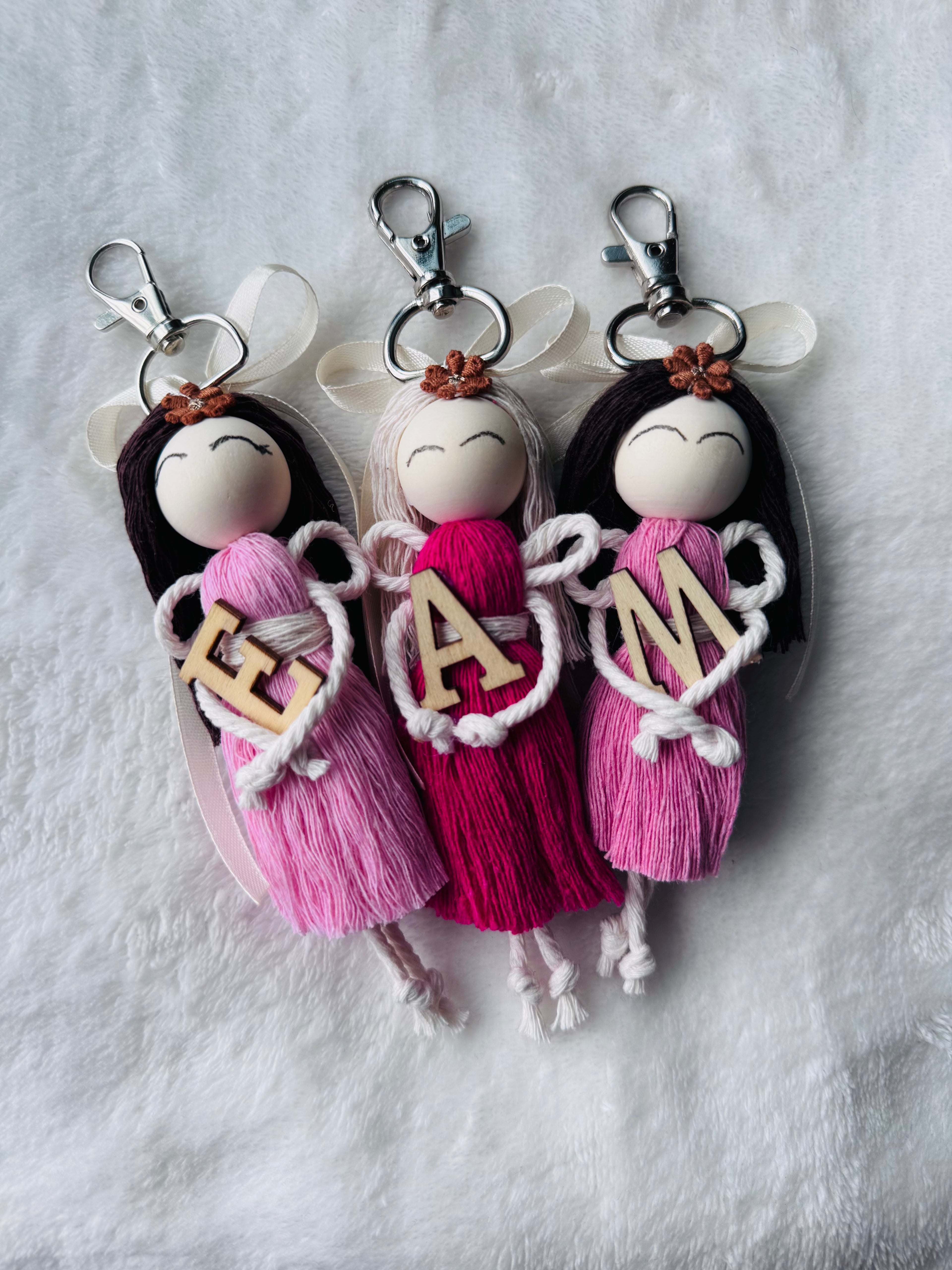 Personalized Macrame Angel Keychain with Wooden Letter