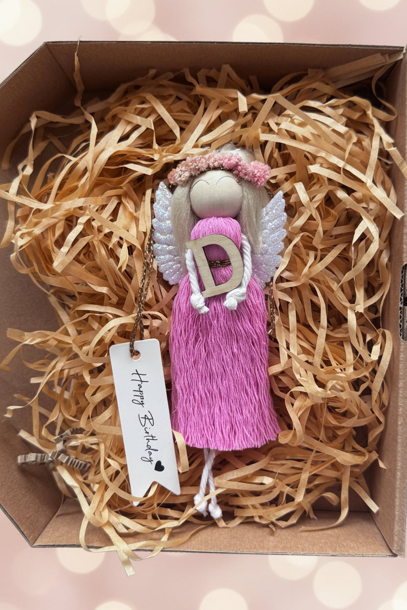 Personalized Macrame Angel Keychain with Wooden Letter