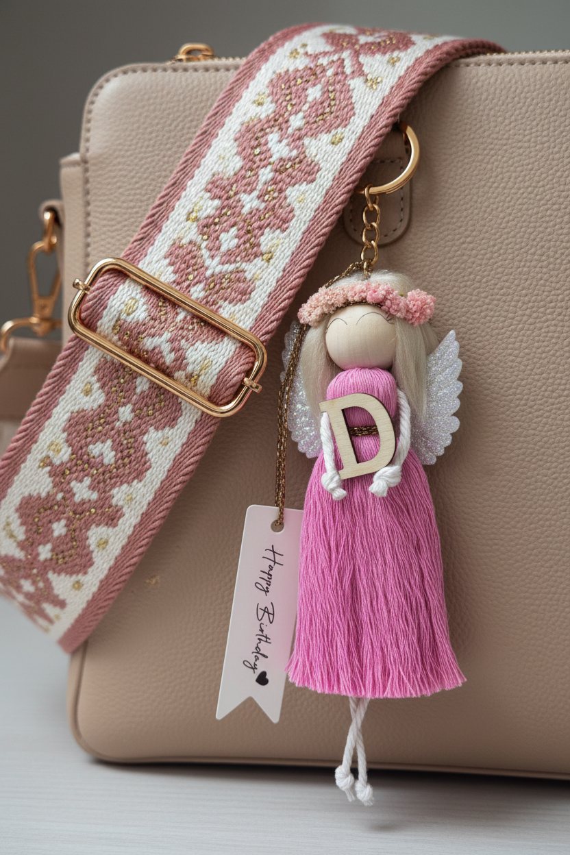 Personalized Macrame Angel Keychain with Wooden Letter