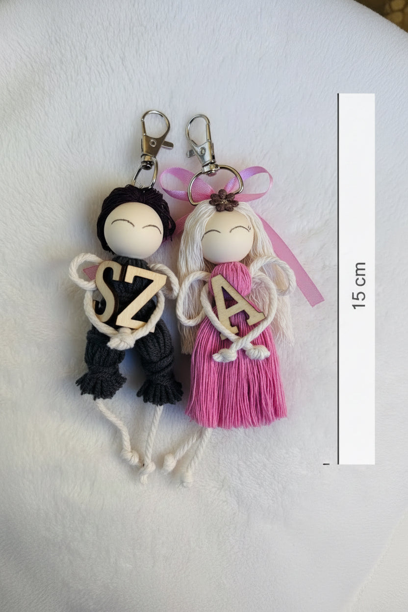 Personalized Macrame Angel Keychain with Wooden Letter